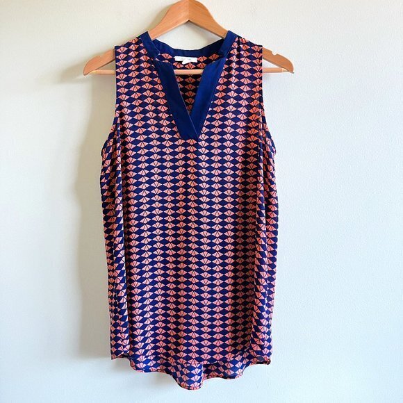 Pleione Sleeveless Blouse Mosaic‎ Print Tank Top Sheer Split V Neck Size XS - Picture 1 of 3